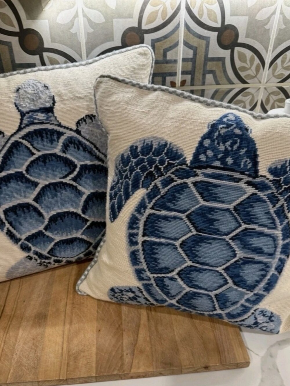 Wool Needlepoint Pillow Cover Ocean Light Blue Sea Turtle Beach House 21x21" NWT
